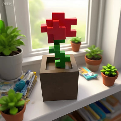 1 Piece Pixel Rose Flower Ornament, 3D Printed Unique Flower Decoration, Plastic Flower Item Suitable for Bedside Table, Desktop, Office Desk Decoration, Furniture Decoration
