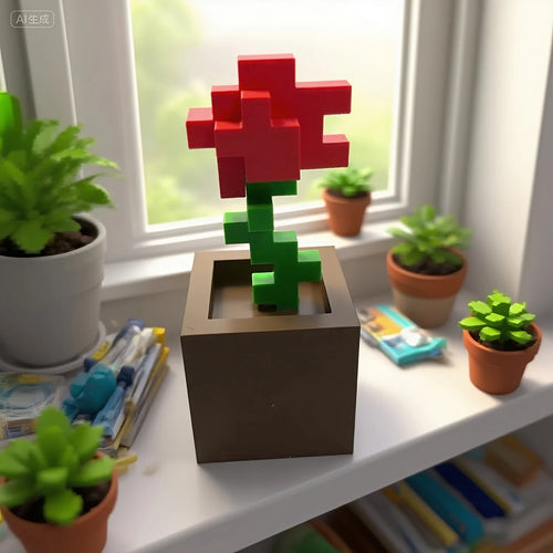 1 Piece Pixel Rose Flower Ornament, 3D Printed Unique Flower Decoration, Plastic Flower Item Suitable for Bedside Table, Desktop, Office Desk Decoration, Furniture Decoration
