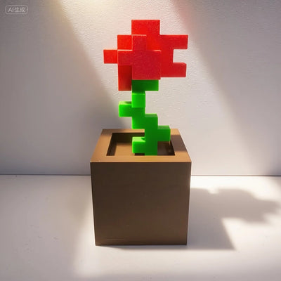 1 Piece Pixel Rose Flower Ornament, 3D Printed Unique Flower Decoration, Plastic Flower Item Suitable for Bedside Table, Desktop, Office Desk Decoration, Furniture Decoration