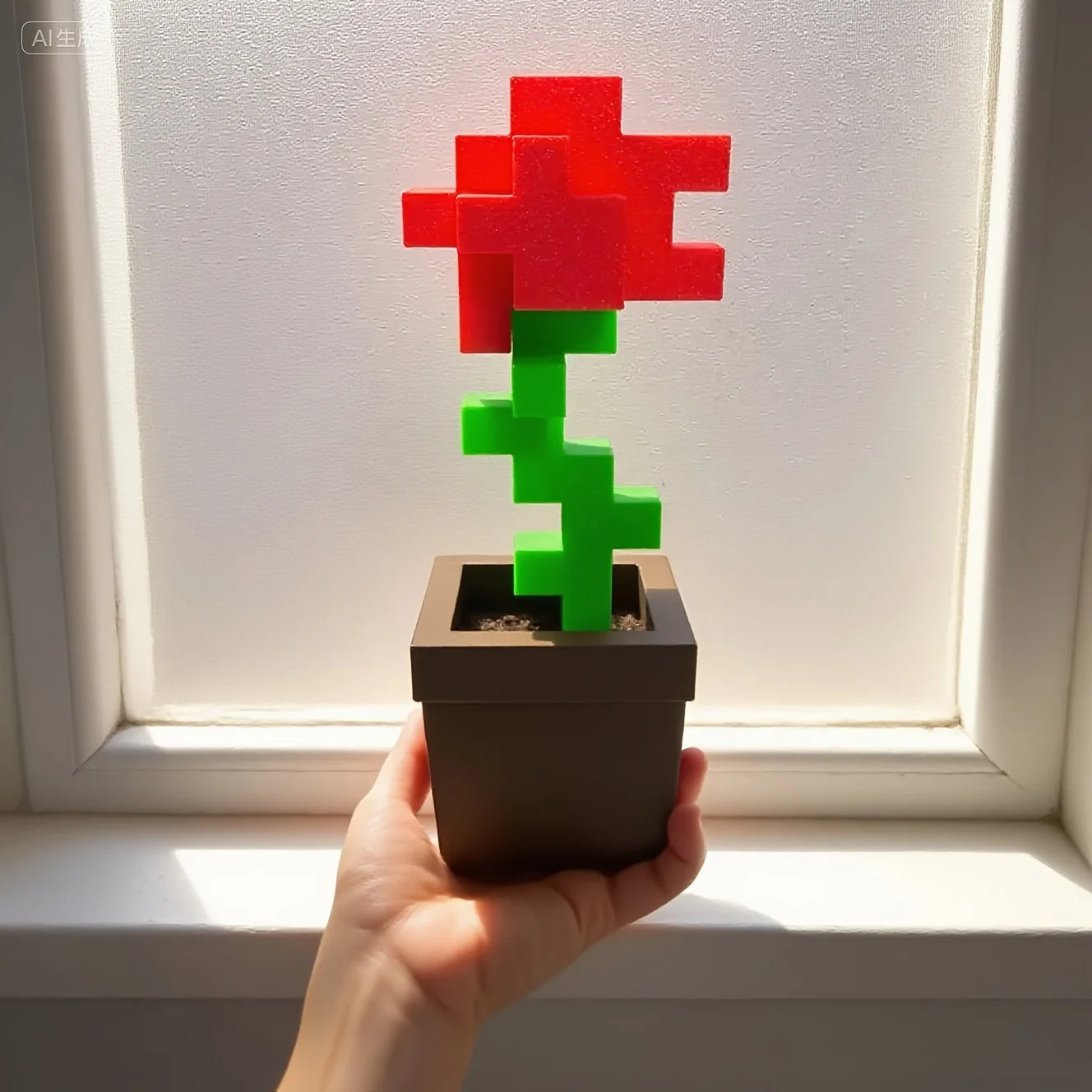 1 Piece Pixel Rose Flower Ornament, 3D Printed Unique Flower Decoration, Plastic Flower Item Suitable for Bedside Table, Desktop, Office Desk Decoration, Furniture Decoration