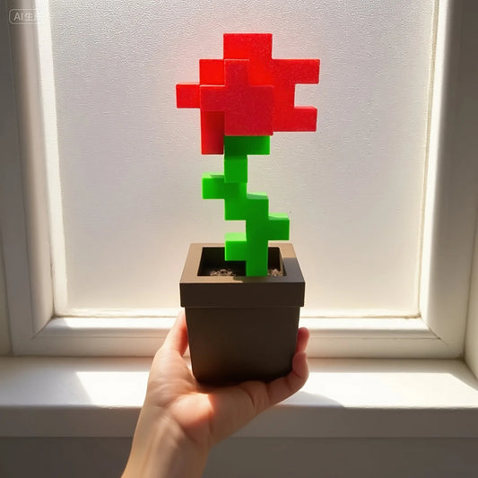 1 Piece Pixel Rose Flower Ornament, 3D Printed Unique Flower Decoration, Plastic Flower Item Suitable for Bedside Table, Desktop, Office Desk Decoration, Furniture Decoration
