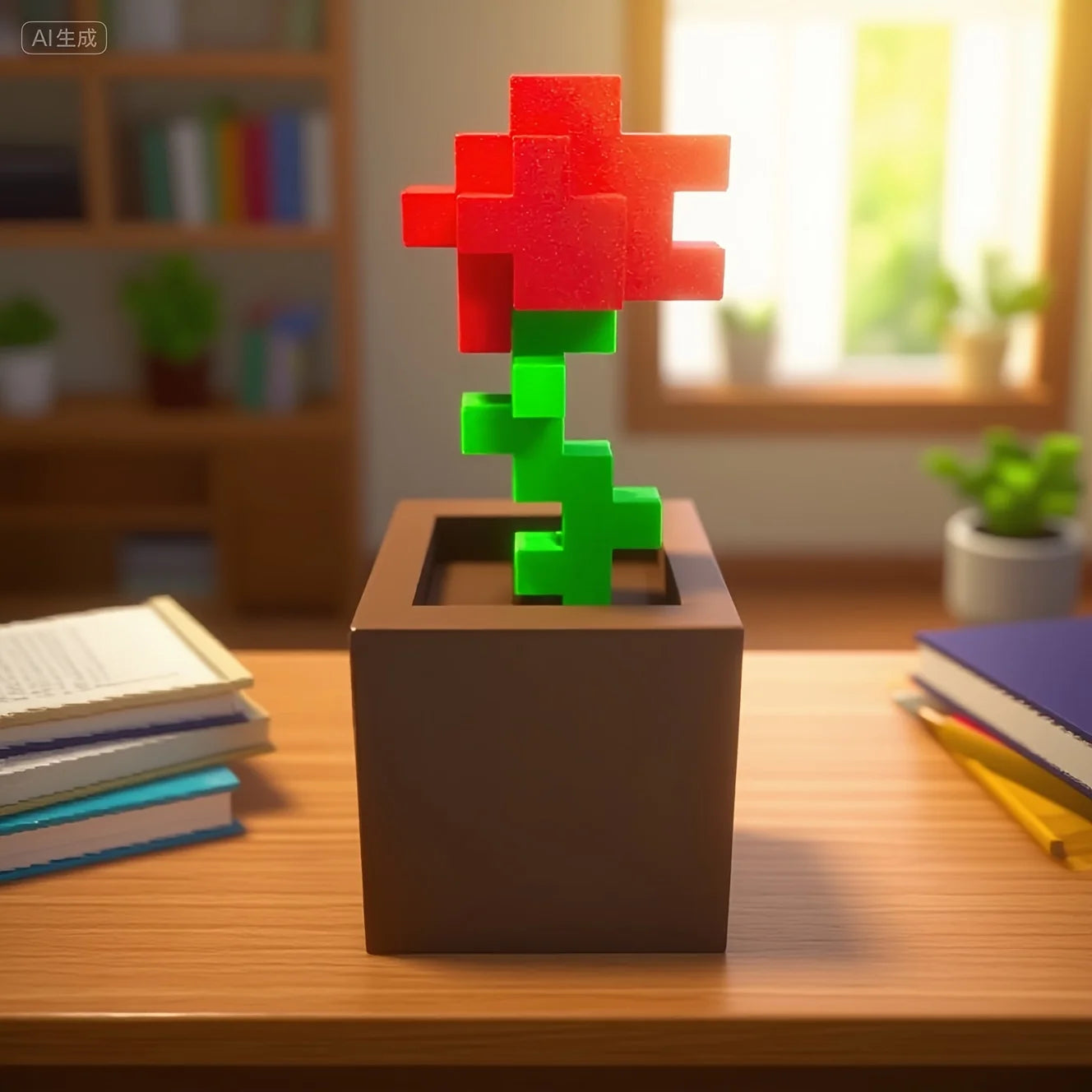 1 Piece Pixel Rose Flower Ornament, 3D Printed Unique Flower Decoration, Plastic Flower Item Suitable for Bedside Table, Desktop, Office Desk Decoration, Furniture Decoration